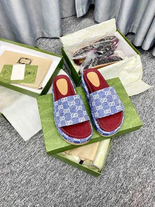 Gucci Screener Blue GG Monogram Red Footbed Slippers 4