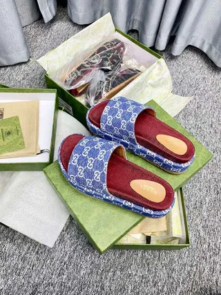 Gucci Screener Blue GG Monogram Red Footbed Slippers 5