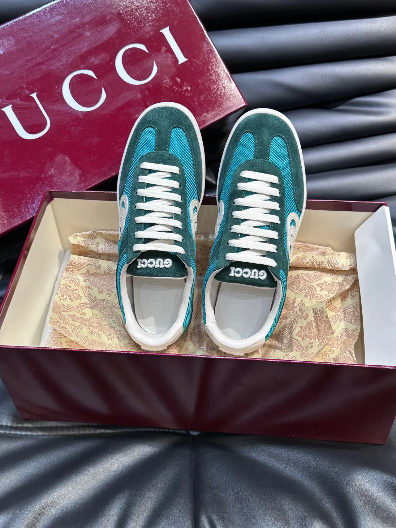 Gucci Screener Green and Teal Suede Mesh Lifestyle Sneakers 4
