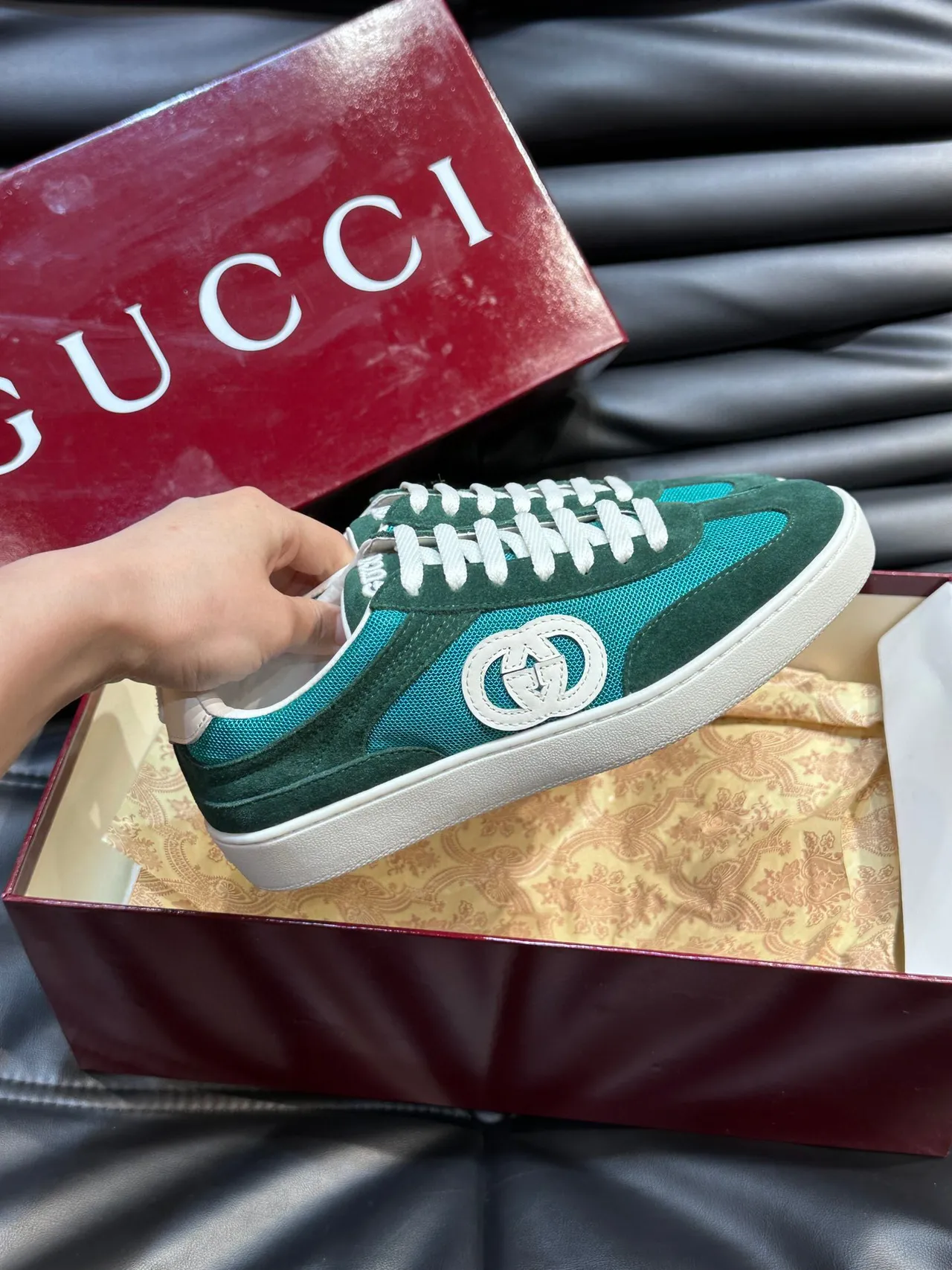 Gucci Screener Green and Teal Suede Mesh Lifestyle Sneakers 5