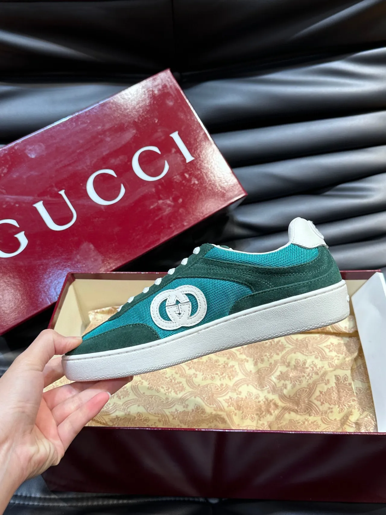 Gucci Screener Green and Teal Suede Mesh Lifestyle Sneakers 6