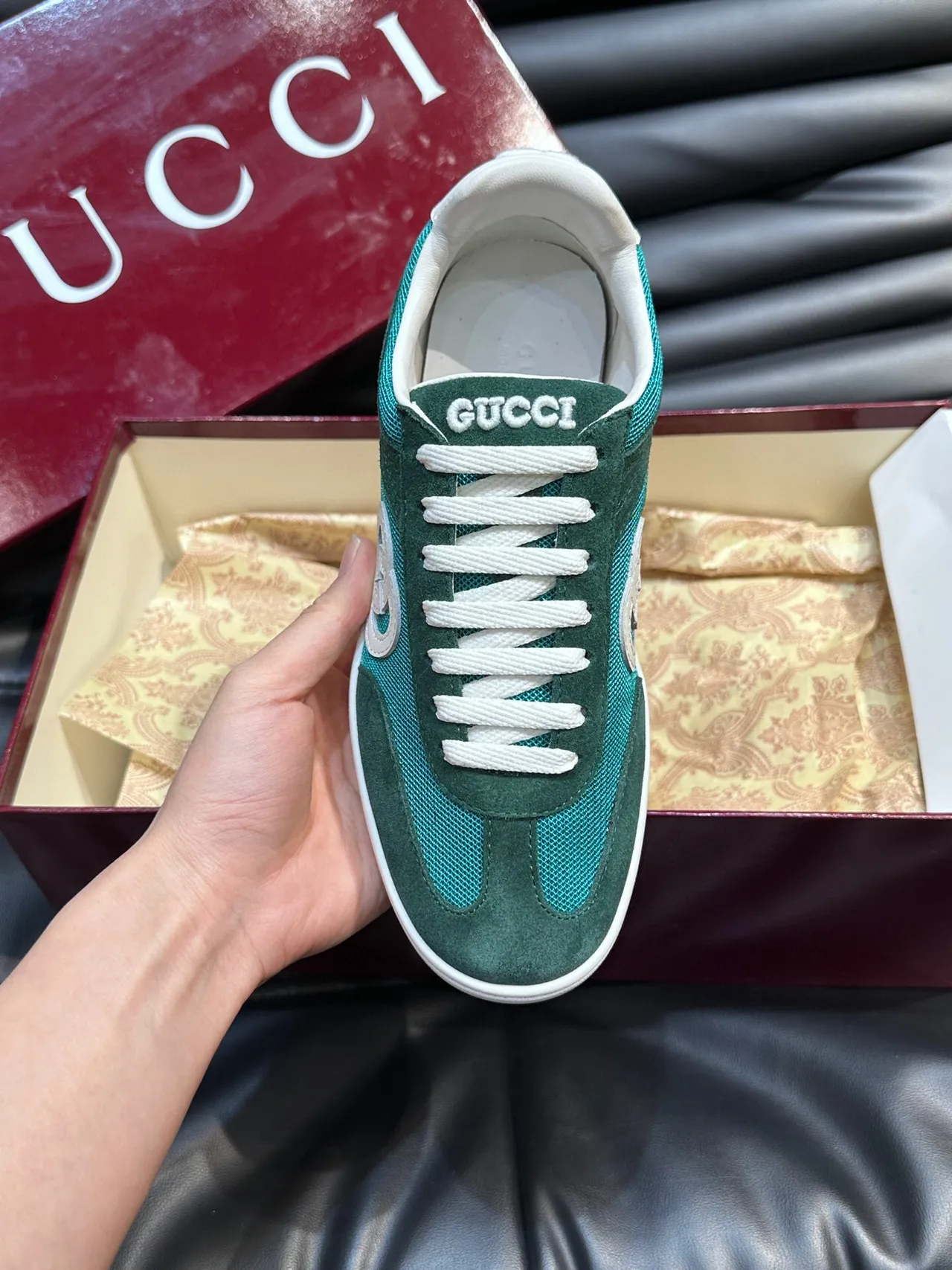 Gucci Screener Green and Teal Suede Mesh Lifestyle Sneakers 9