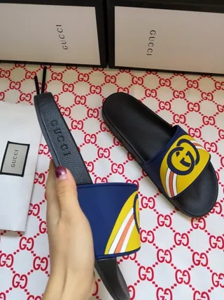 Gucci Screener Interlocking GG Yellow Navy Black Slippers 2