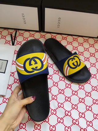 Gucci Screener Interlocking GG Yellow Navy Black Slippers 6