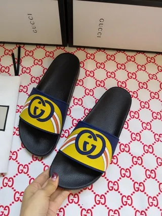 Gucci Screener Interlocking GG Yellow Navy Black Slippers 8