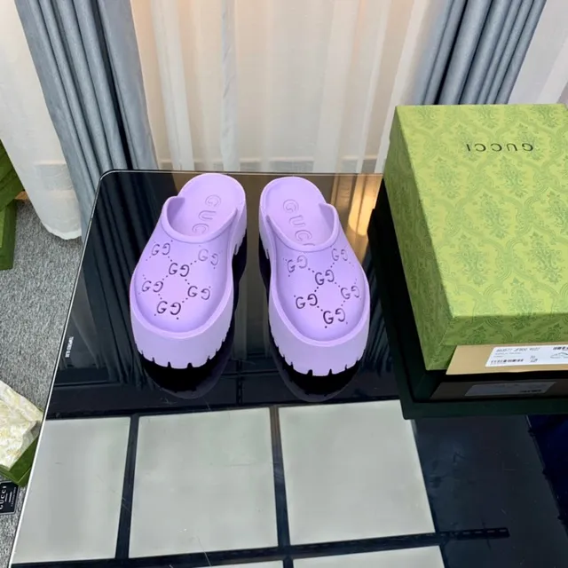 Gucci Screener Lavender Interlocking GG Perforated Platform Slippers 3