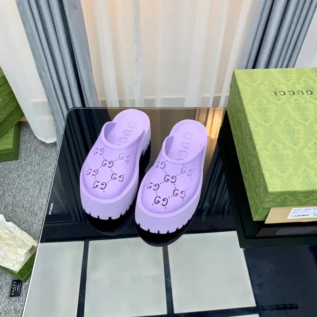 Gucci Screener Lavender Interlocking GG Perforated Platform Slippers 4