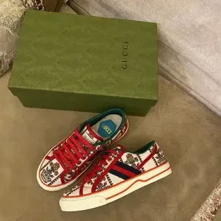 Gucci Screener Multicolor Red Embroidered Folk Motif Web Stripe Detail Lifestyle Sneakers