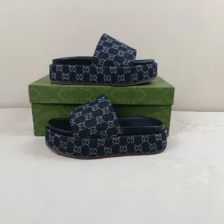 Gucci Screener Navy GG Monogram Platform Slippers