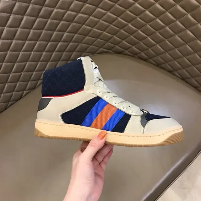 Gucci Screener Off-White Navy Web Stripe High-Top Lifestyle Sneakers 5