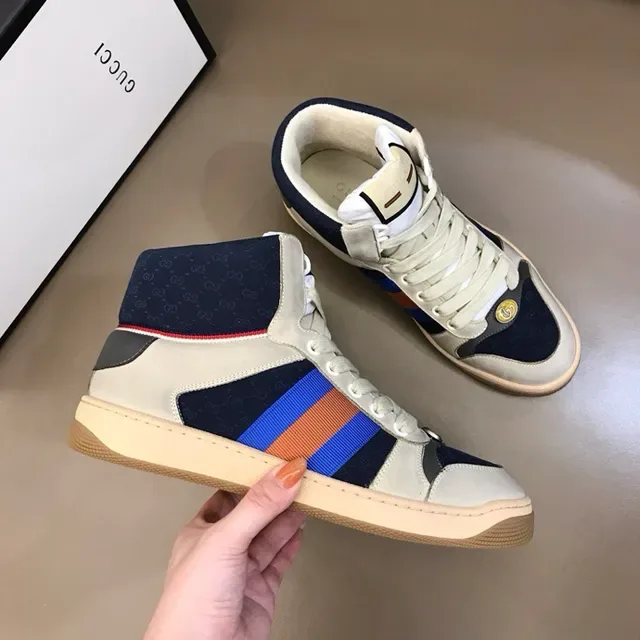 Gucci Screener Off-White Navy Web Stripe High-Top Lifestyle Sneakers 7