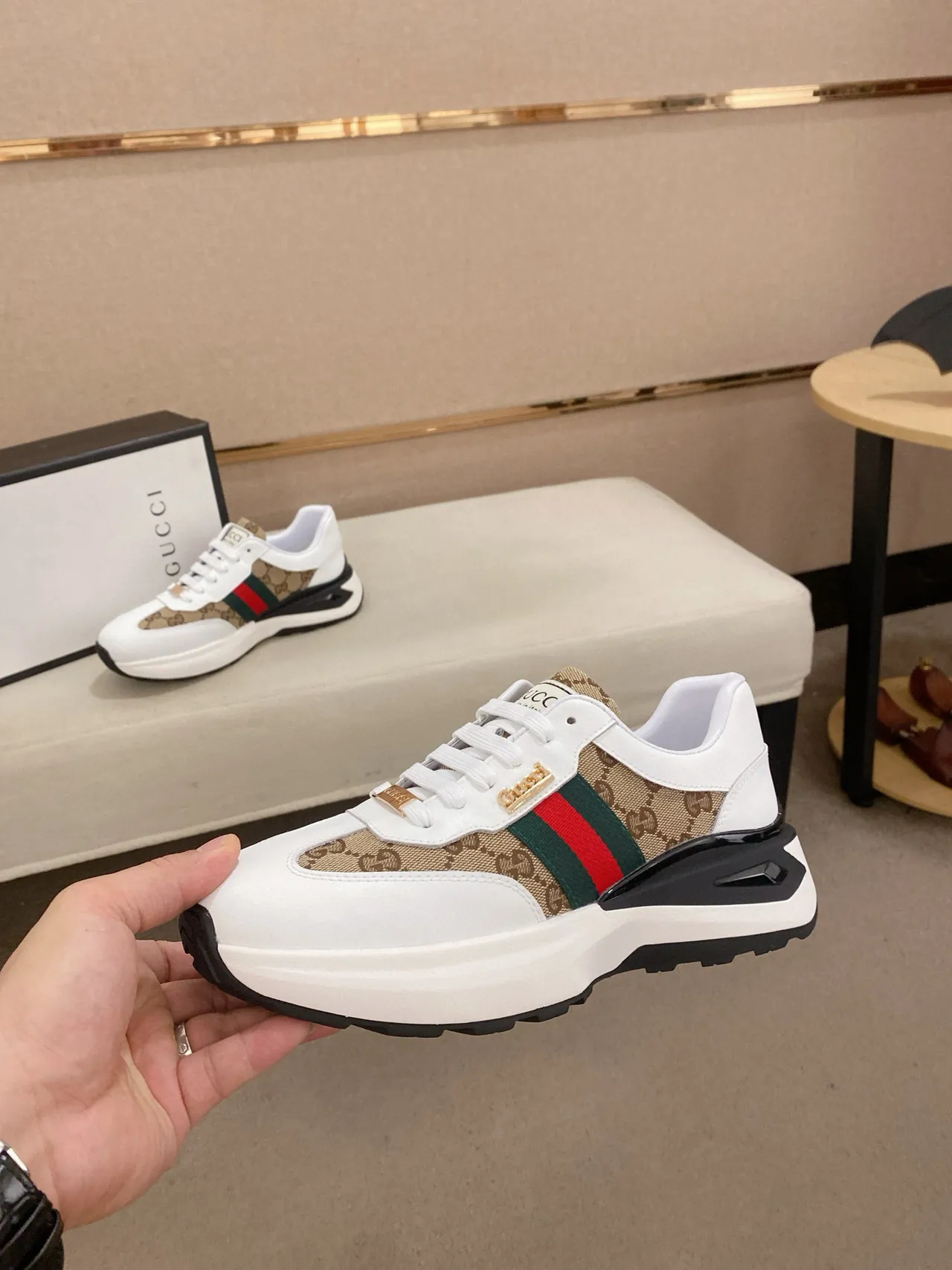 Gucci Screener White Beige Red Green Web Chunky Sneakers 3