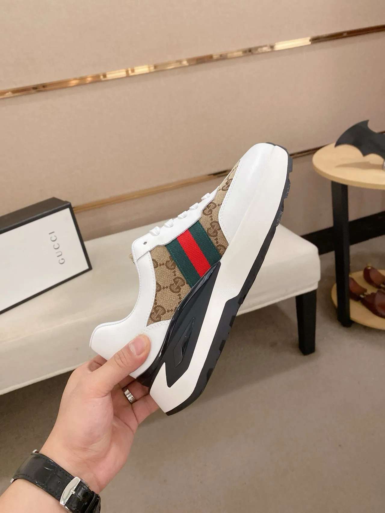 Gucci Screener White Beige Red Green Web Chunky Sneakers 5