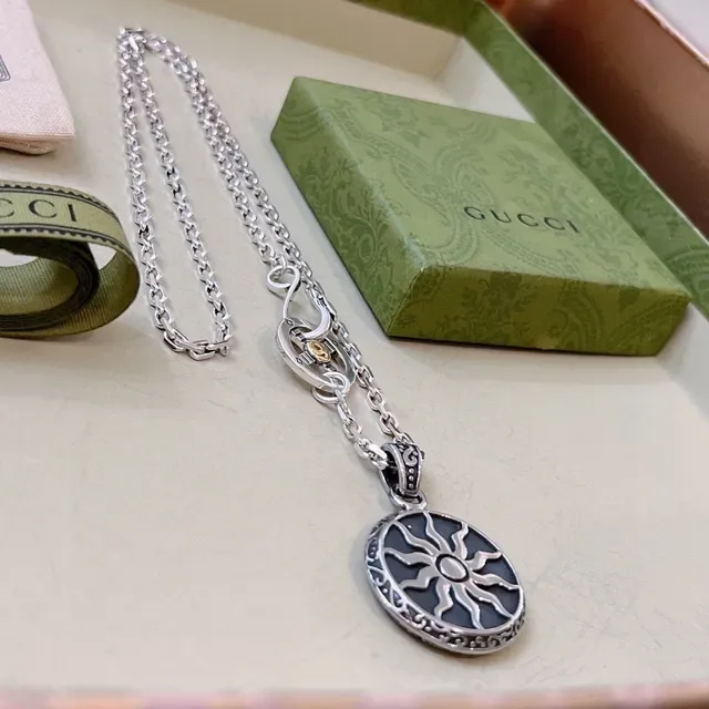 Gucci Silver Black Chain Circular Sunburst Pendant Necklace 6