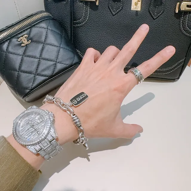 Gucci Silver Black Chunky Chain Link Textured Barrel Connectors Bracelet 5