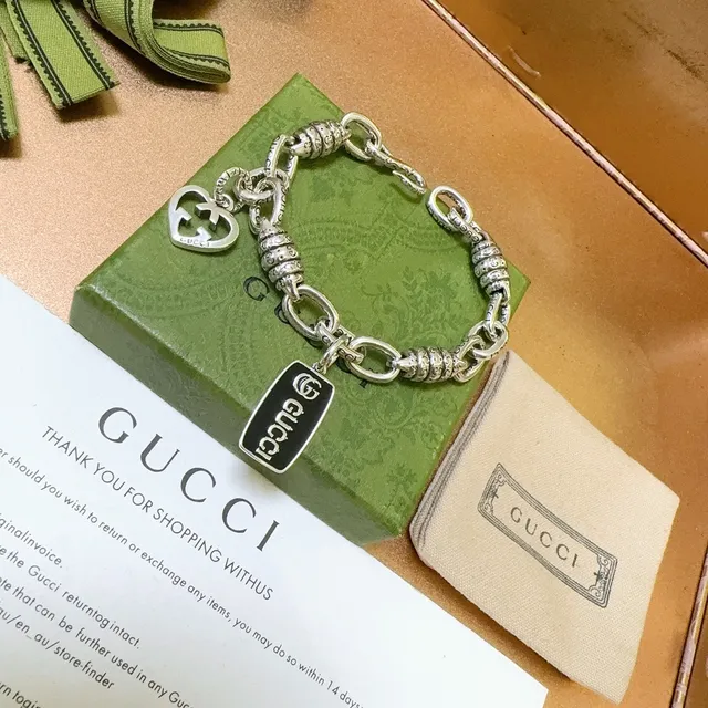 Gucci Silver Black Chunky Chain Link Textured Barrel Connectors Bracelet 6