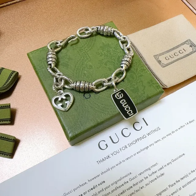 Gucci Silver Black Chunky Chain Link Textured Barrel Connectors Bracelet 7
