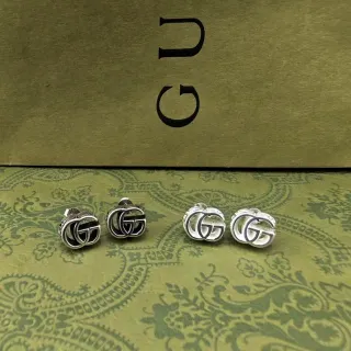 Gucci Silver Black Interlocking Double-G Motif Metal Earrings