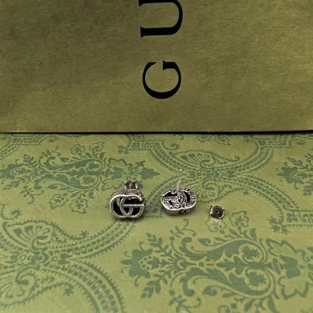 Gucci Silver Black Interlocking Double-G Motif Metal Earrings 2