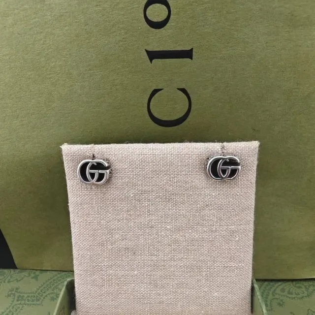 Gucci Silver Black Interlocking Double-G Motif Metal Earrings 4