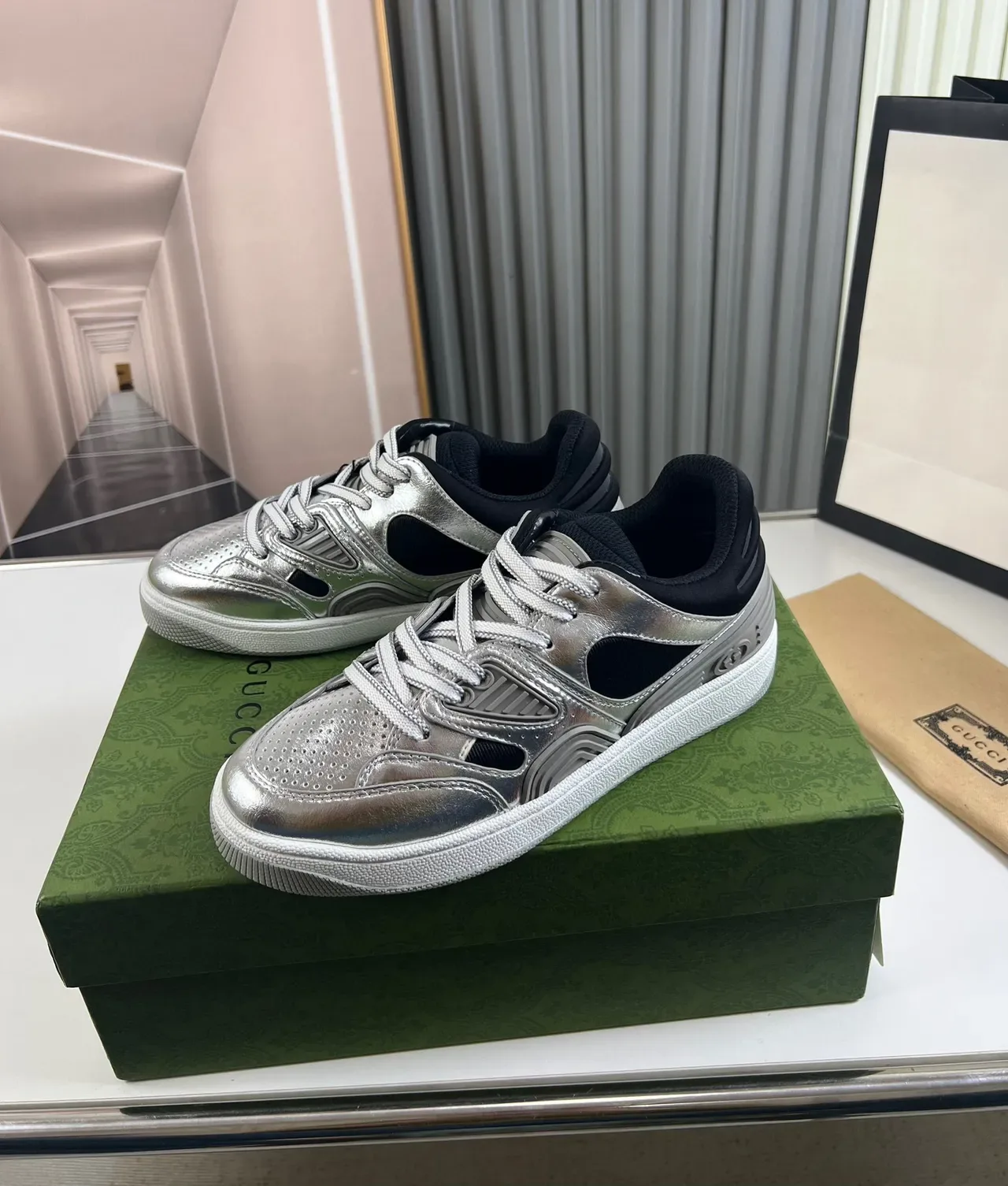 Gucci Silver Black Metallic Upper Mesh Cutouts Lifestyle Sneakers 8