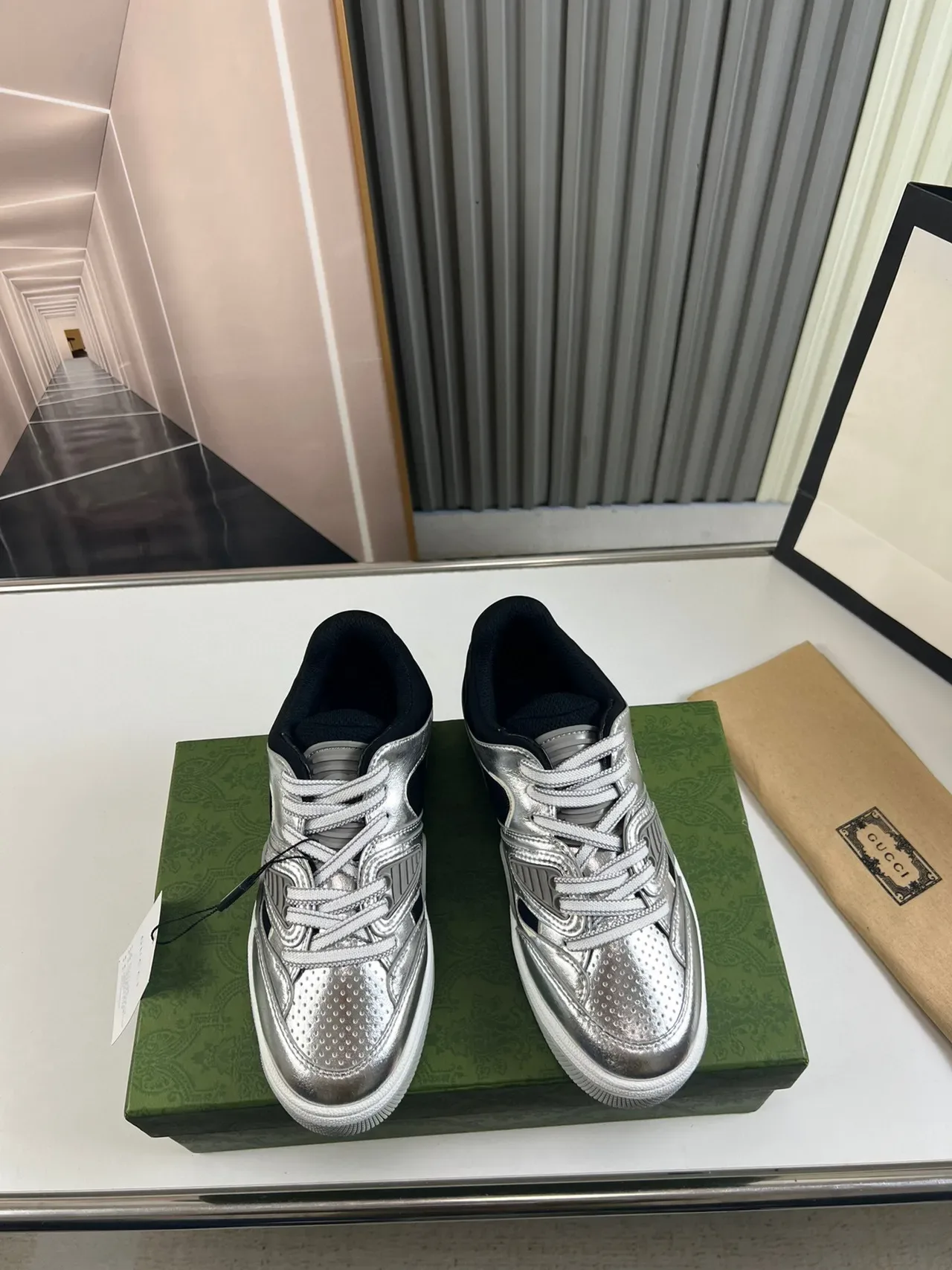 Gucci Silver Black Metallic Upper Mesh Cutouts Lifestyle Sneakers 9
