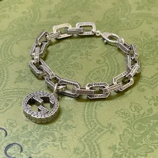 Gucci Silver Black Oxidized Engraved Rectangular Links Bracelet
