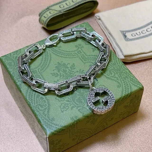 Gucci Silver Black Oxidized Engraved Rectangular Links Bracelet 2