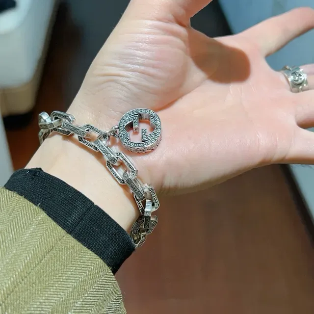 Gucci Silver Black Oxidized Engraved Rectangular Links Bracelet 3
