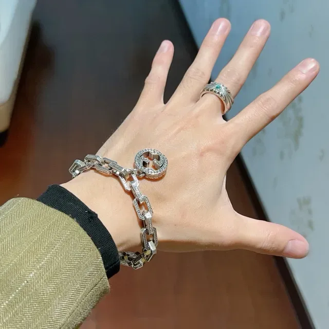 Gucci Silver Black Oxidized Engraved Rectangular Links Bracelet 5
