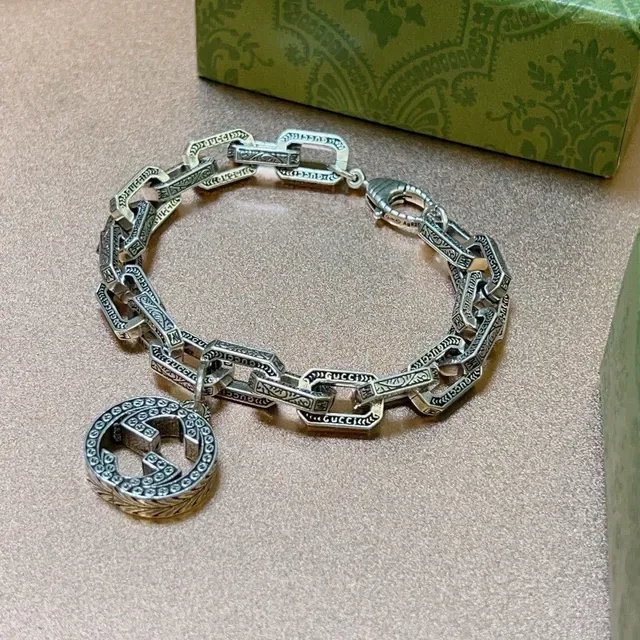 Gucci Silver Black Oxidized Engraved Rectangular Links Bracelet 7