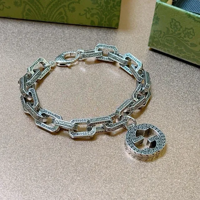Gucci Silver Black Oxidized Engraved Rectangular Links Bracelet 9