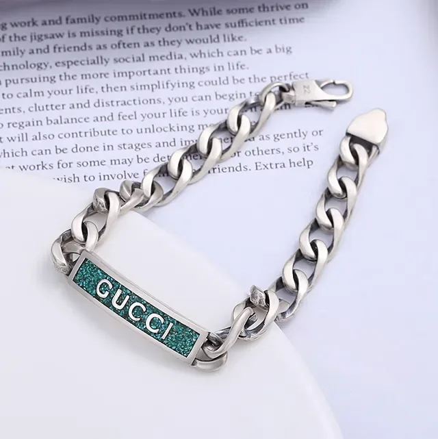Gucci Silver Blue Chunky Curb Chain Rectangular Plaque Bracelet 2