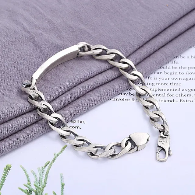 Gucci Silver Blue Chunky Curb Chain Rectangular Plaque Bracelet 3