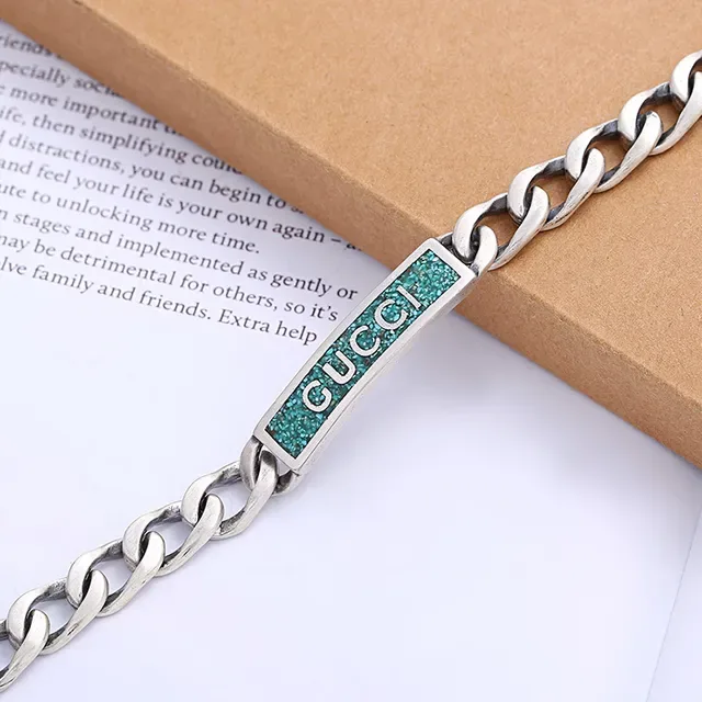 Gucci Silver Blue Chunky Curb Chain Rectangular Plaque Bracelet 5