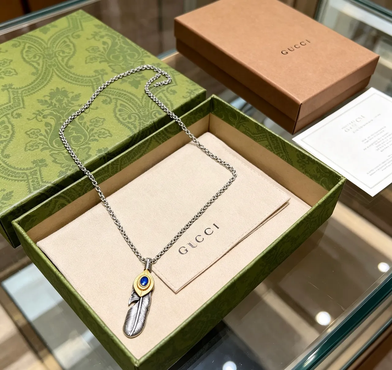 Gucci Silver Blue Feather-Shaped Pendant Two-Tone Metal Necklace 2