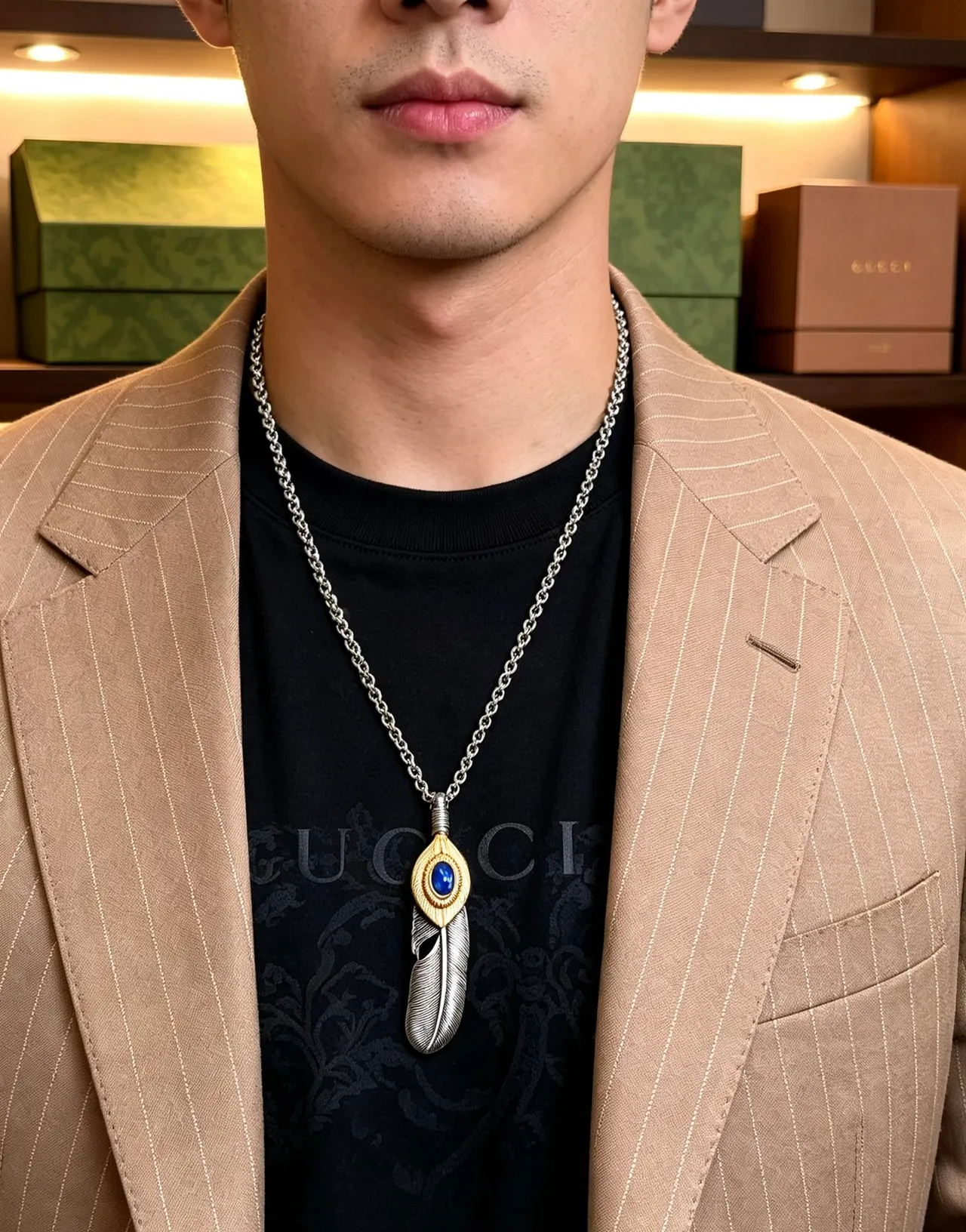 Gucci Silver Blue Feather-Shaped Pendant Two-Tone Metal Necklace 3