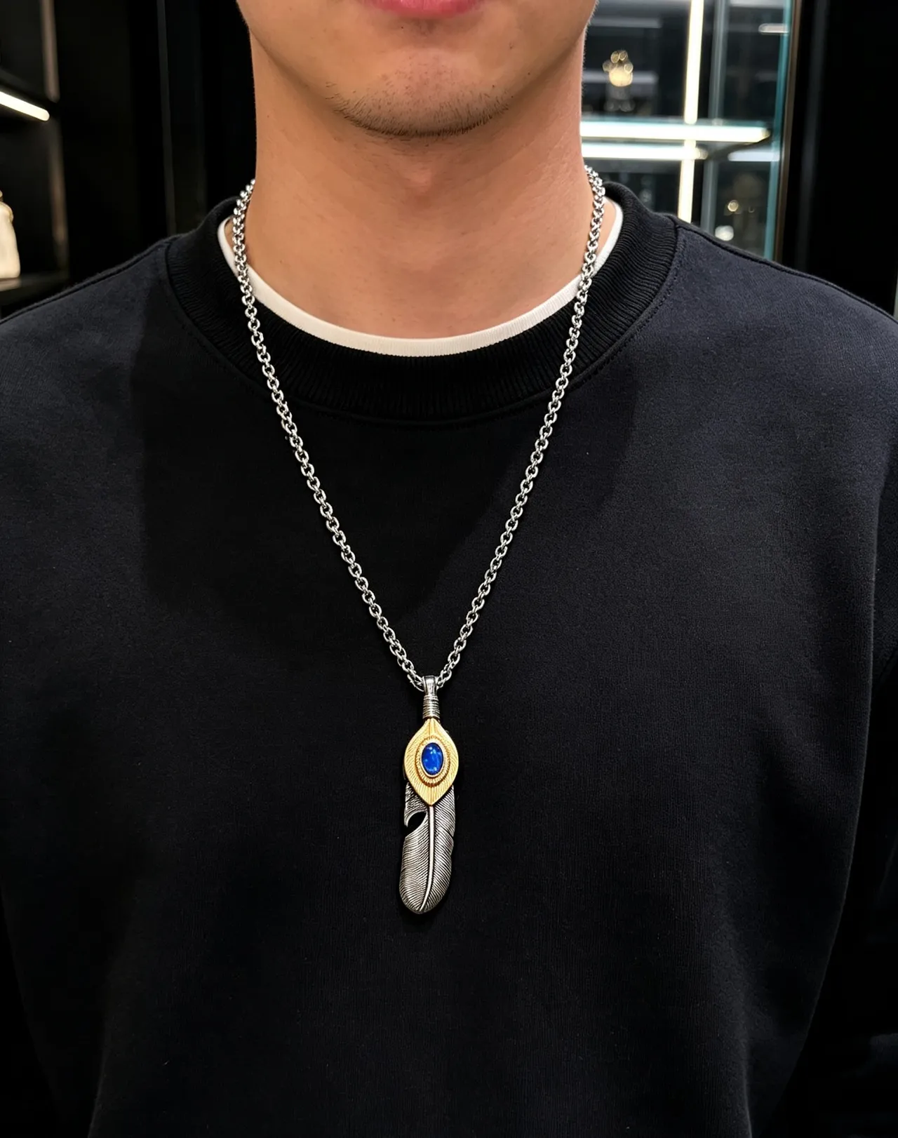 Gucci Silver Blue Feather-Shaped Pendant Two-Tone Metal Necklace 4