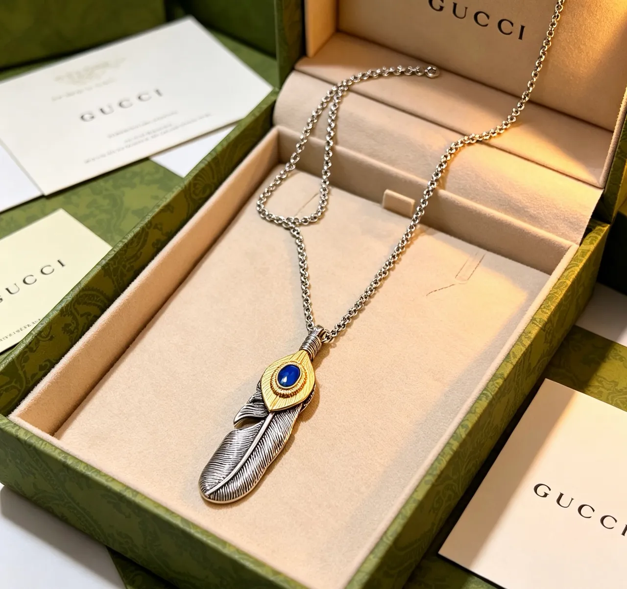 Gucci Silver Blue Feather-Shaped Pendant Two-Tone Metal Necklace 5