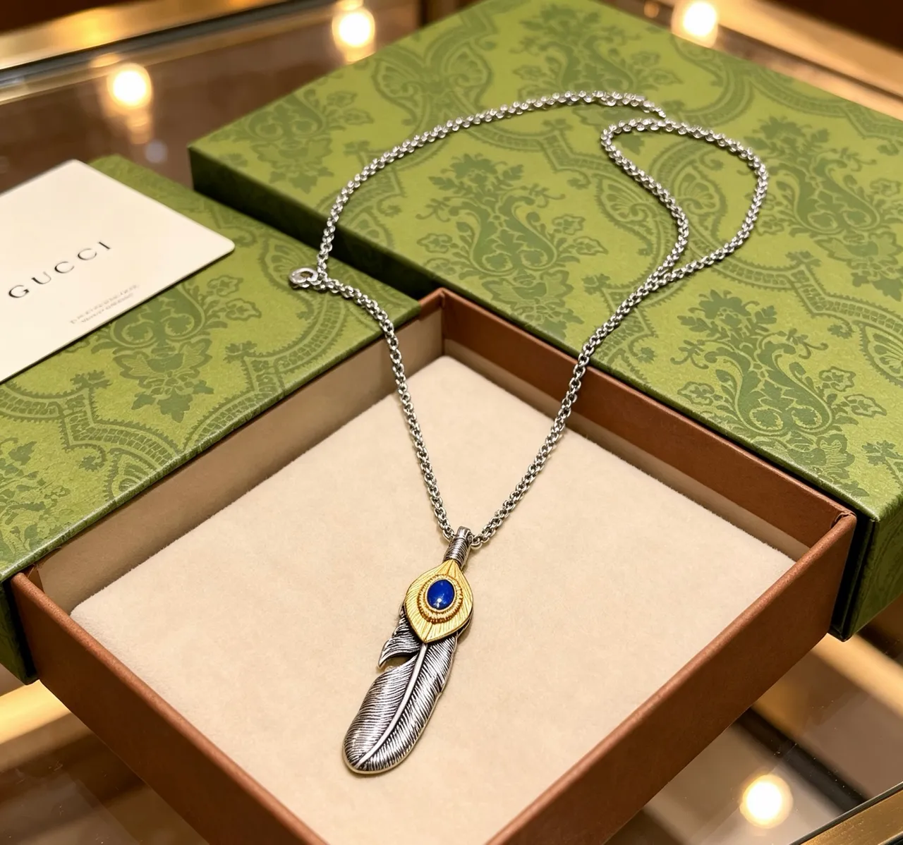 Gucci Silver Blue Feather-Shaped Pendant Two-Tone Metal Necklace 6