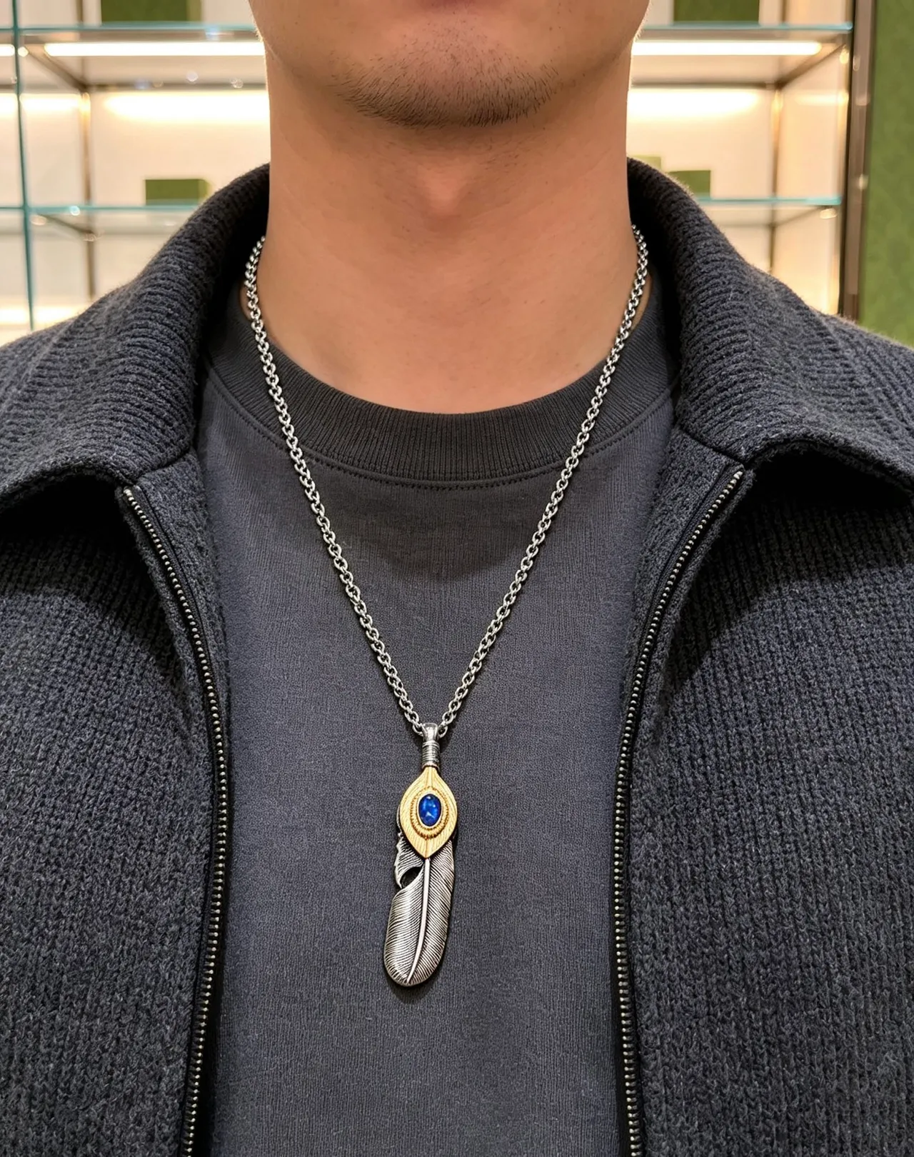 Gucci Silver Blue Feather-Shaped Pendant Two-Tone Metal Necklace 7