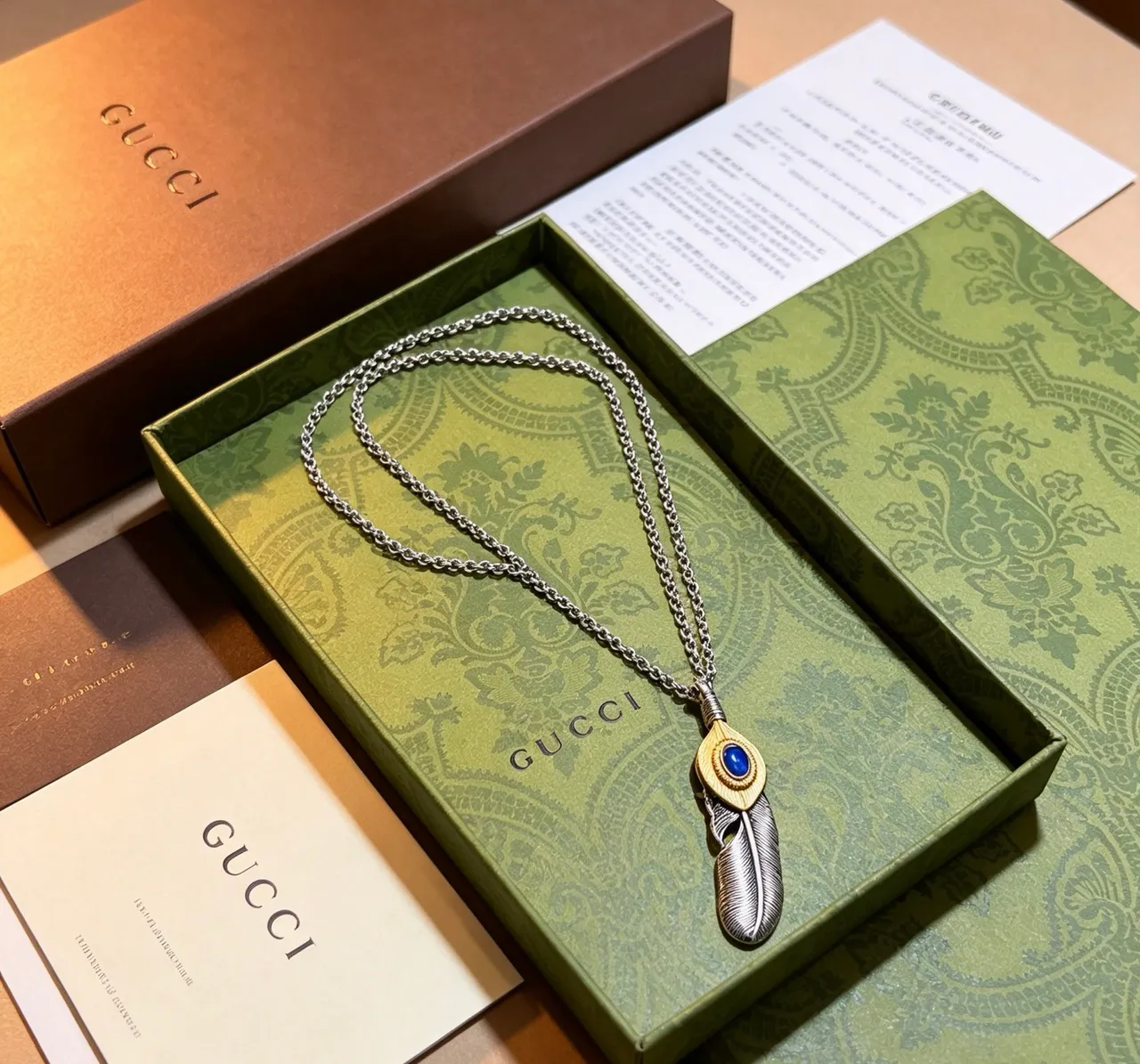 Gucci Silver Blue Feather-Shaped Pendant Two-Tone Metal Necklace 8
