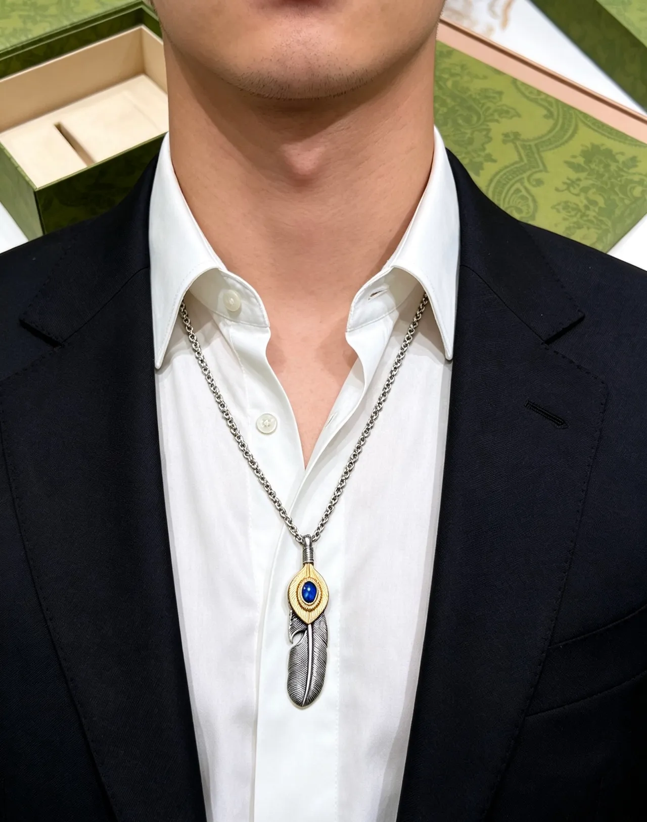 Gucci Silver Blue Feather-Shaped Pendant Two-Tone Metal Necklace 9