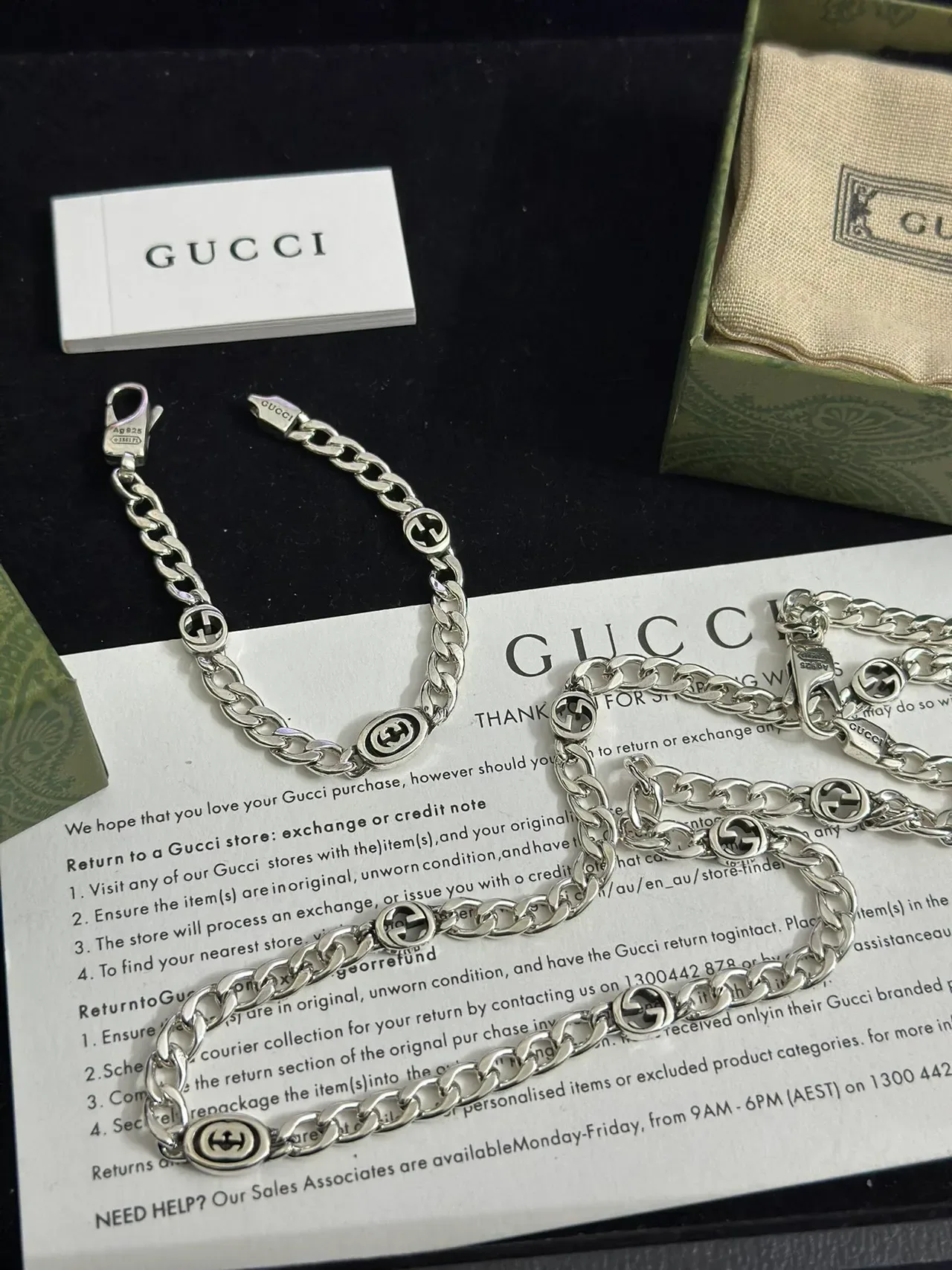 Gucci Silver Curb Chain Interlocking G Logo Medallions Bracelet 6