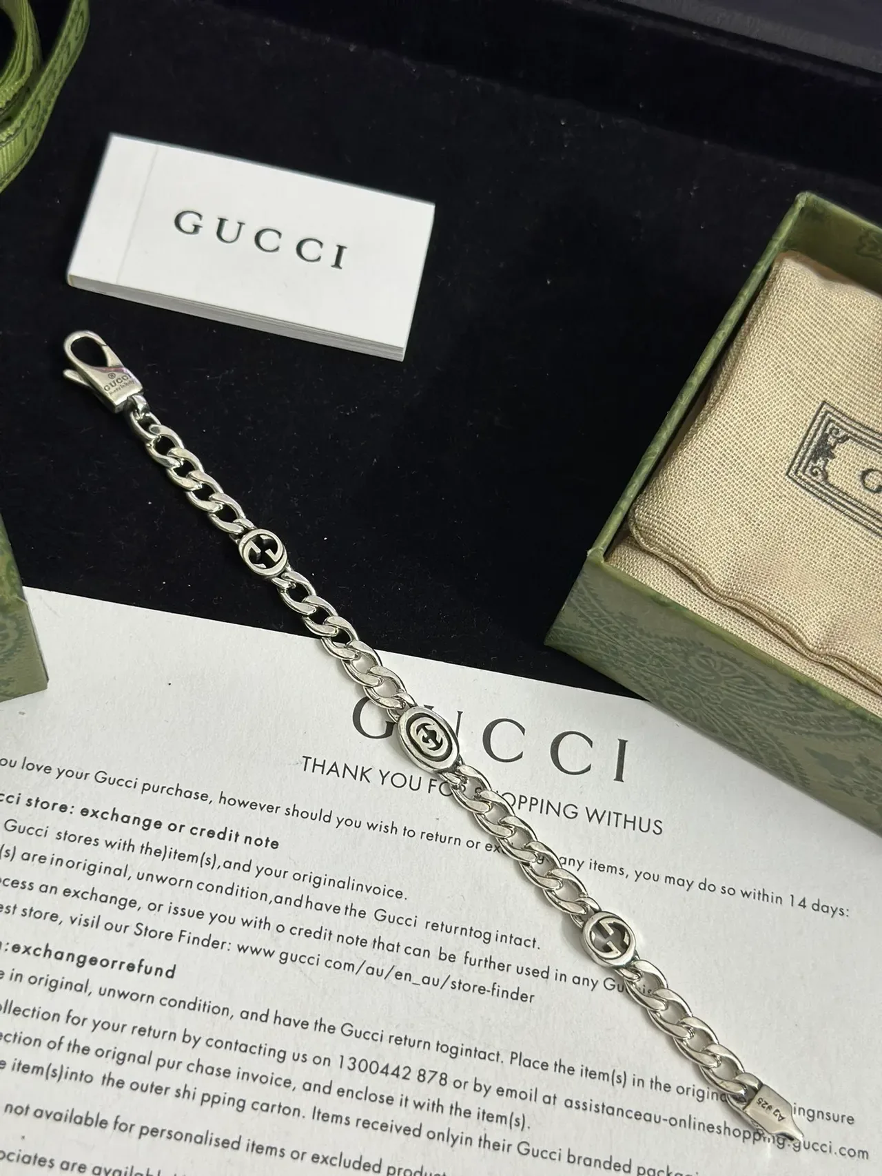 Gucci Silver Curb Chain Interlocking G Logo Medallions Bracelet 7
