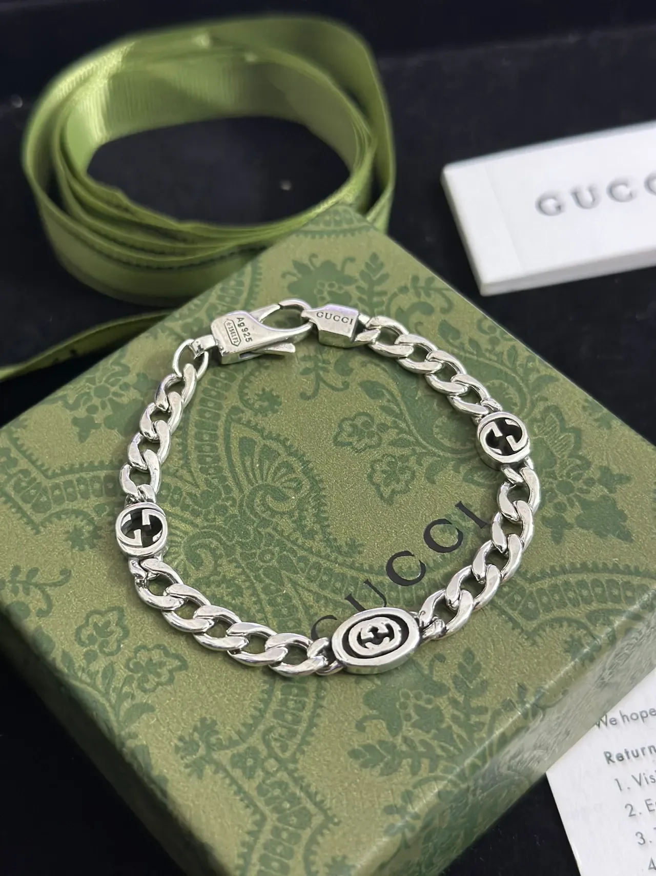 Gucci Silver Curb Chain Interlocking G Logo Medallions Bracelet 8