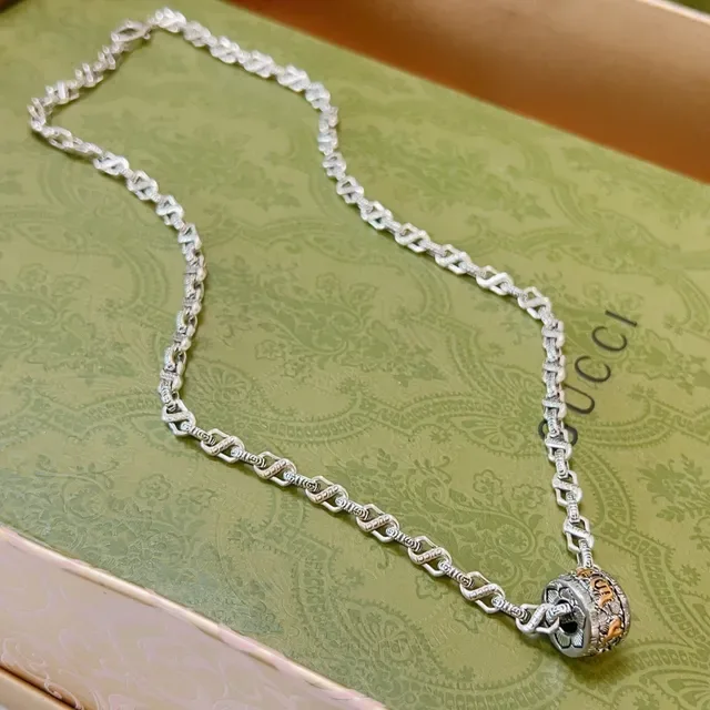 Gucci Silver Gold Interlocking G-Link Chain Rotating Barrel Pendant Necklace 9