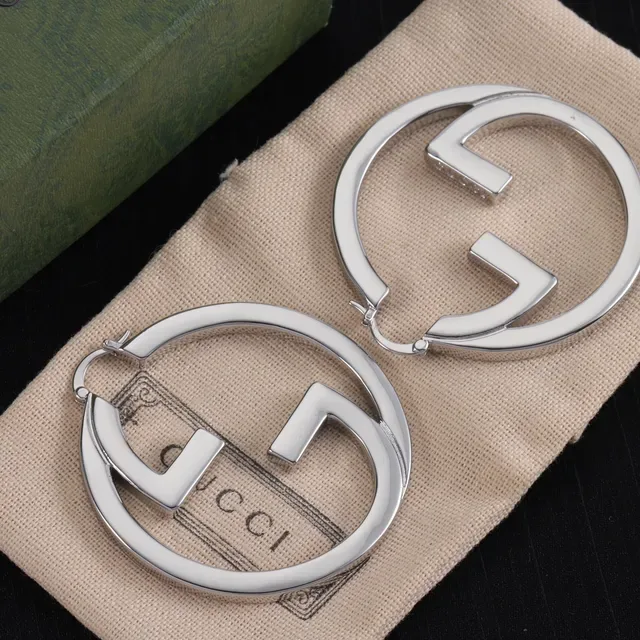 Gucci Silver Green Large Hoop Interlocking G Logo Earrings 2