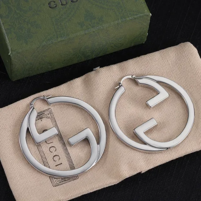 Gucci Silver Green Large Hoop Interlocking G Logo Earrings 3