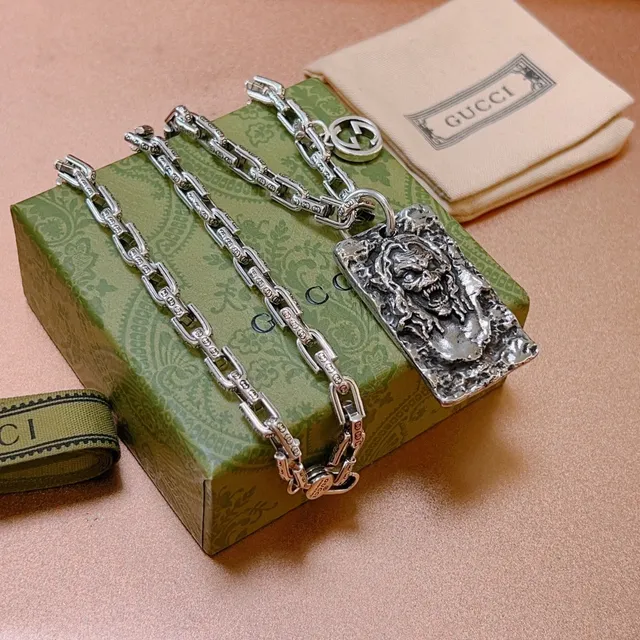 Gucci Silver Link Chain Sculpted Grotesque-Face Pendant Necklace 6